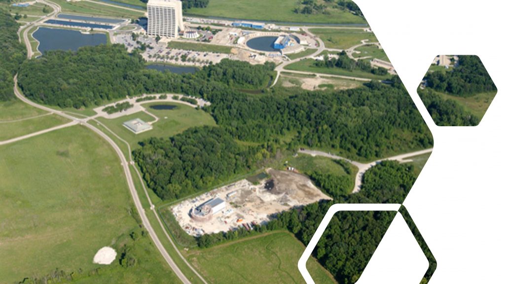 An aerial photo of the Fermilab campus. 