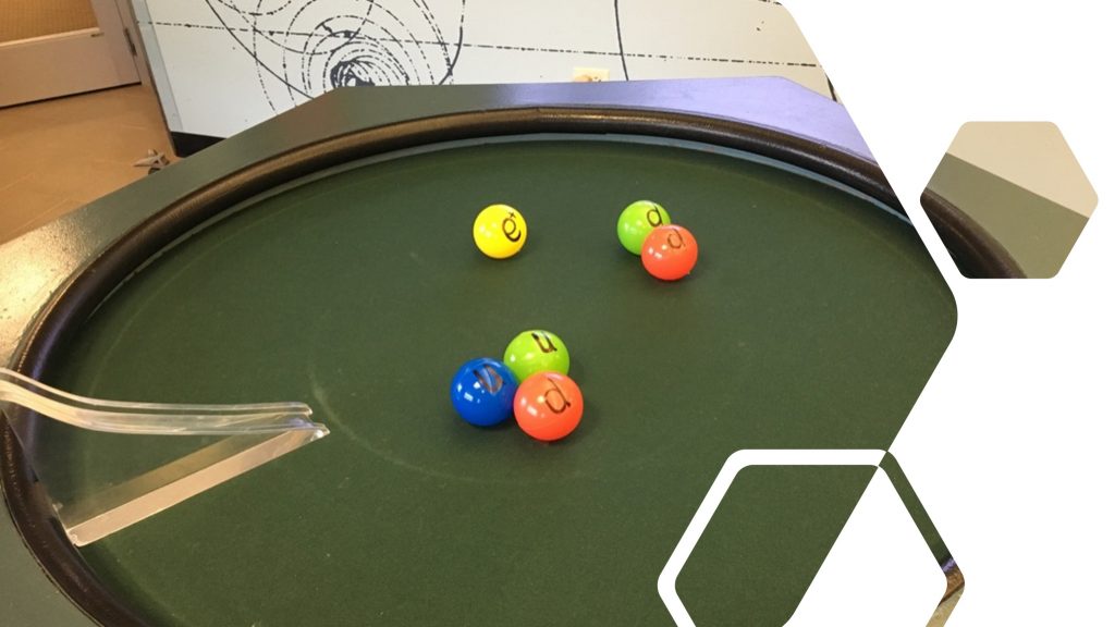 A photo of billiard balls on a round green table. 