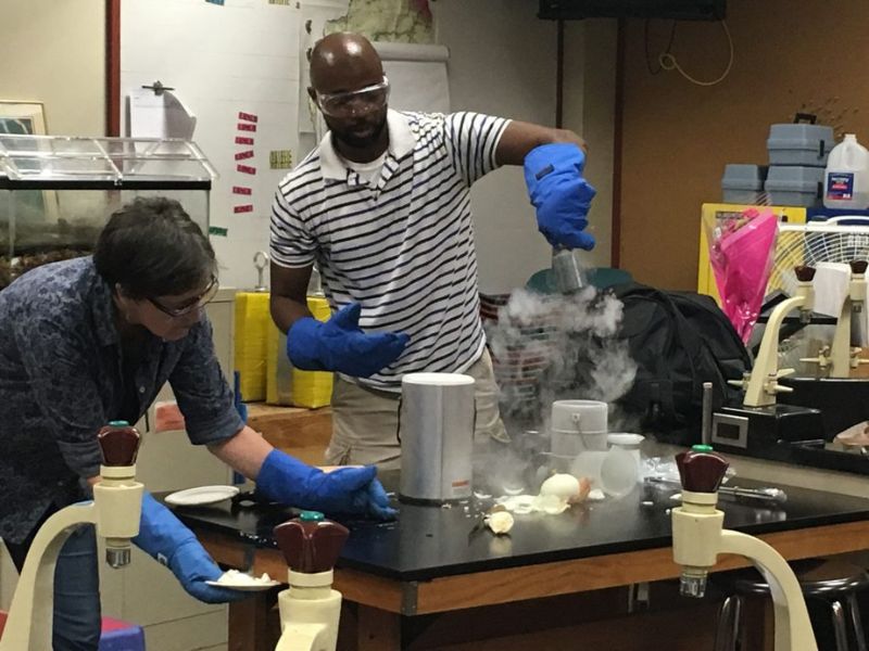 A classroom science experiment with liquid nitrogen. 